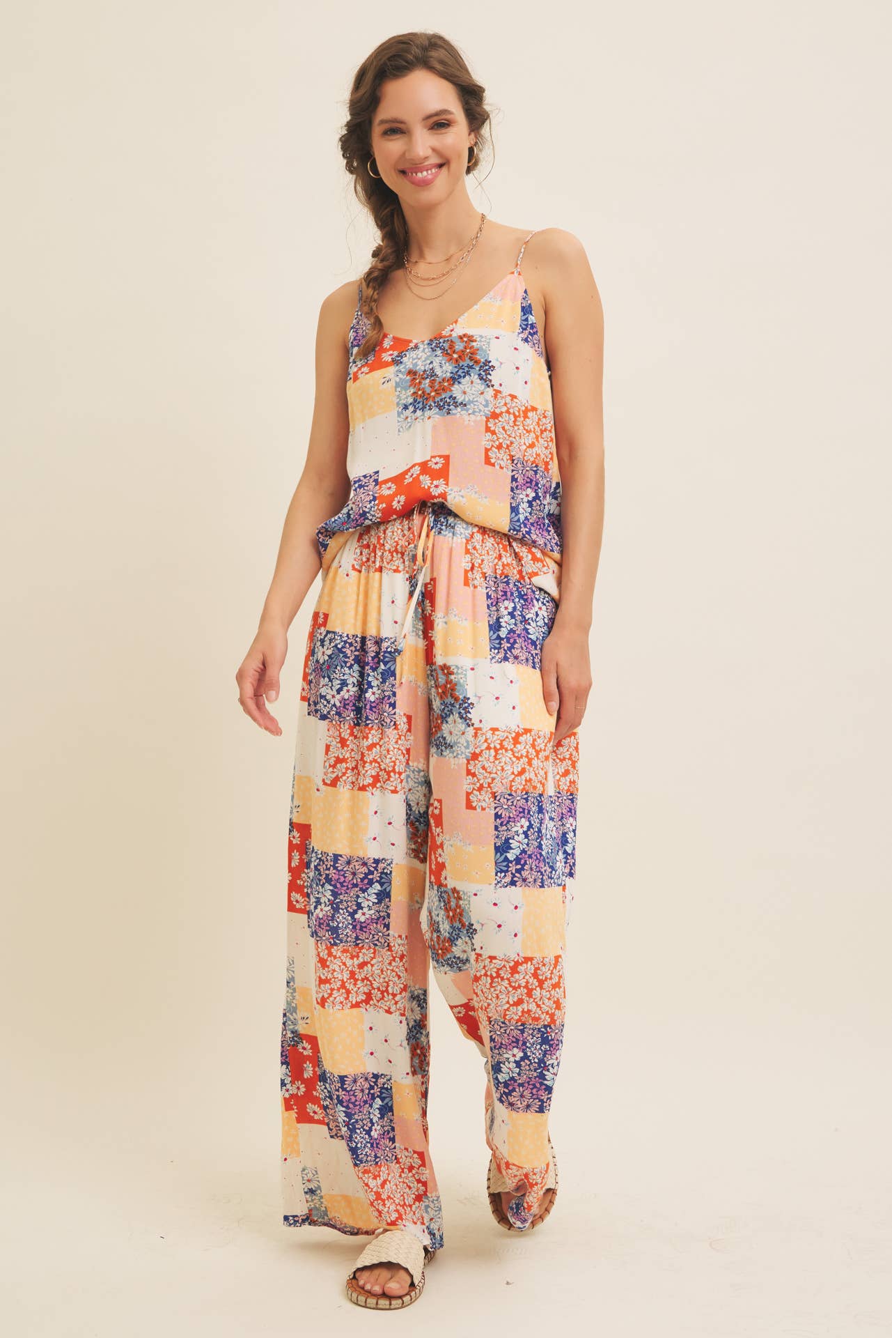 DENIM MULTI SOFT RAYON GAUZE FLORAL PATCHWORK WIDE LEG PANTS WITH POCKET for wholesale on Faire11