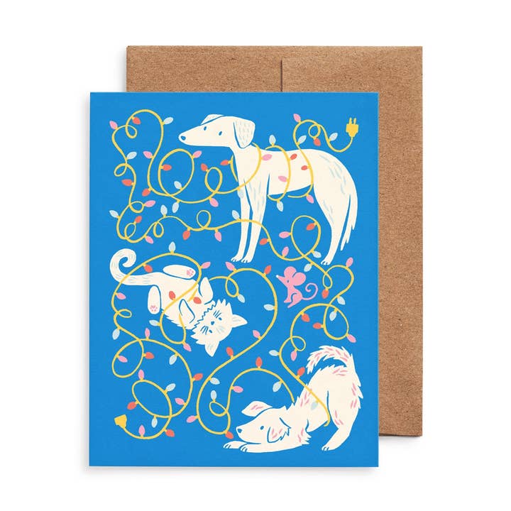 Merry Pets Christmas Lights Card: Original Dog & Cat Art for wholesale by Nuthatch Studio