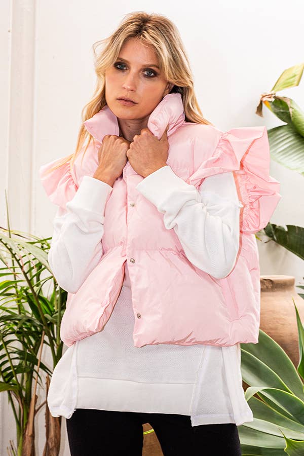 BUCKETLIST INC – wholesale Outerwear Vest - Women’s – IT1813-1 Ruffle Sleeve Crop Down Vest12