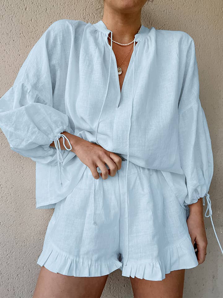 Lily Clothing - Wholesale Top & Short Set (NOT Loungewear) - Women's - COTTON LINEN V-NECK LANTERN SLEEVE SHORTS SUIT