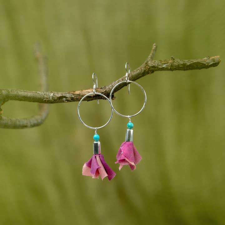 Buckaroo Bling LLC dba Bling Boheme - Wholesale Dangle Earrings - Long Sterling Silver Earrings with Pink Flower and Turquoise3