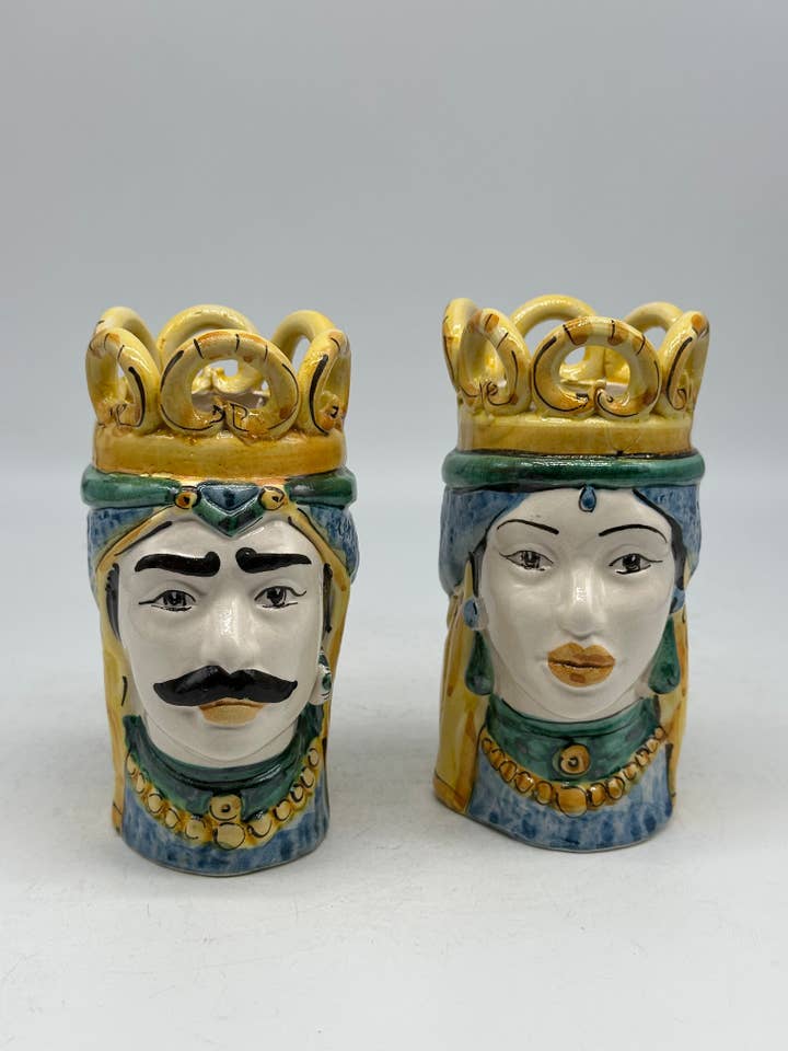 Pair of Moorish Heads Crown Ceramic Caltagirone cm H.15 L.7 Handmade Traditional Coloring for wholesale by DD Ceramiche Siciliane