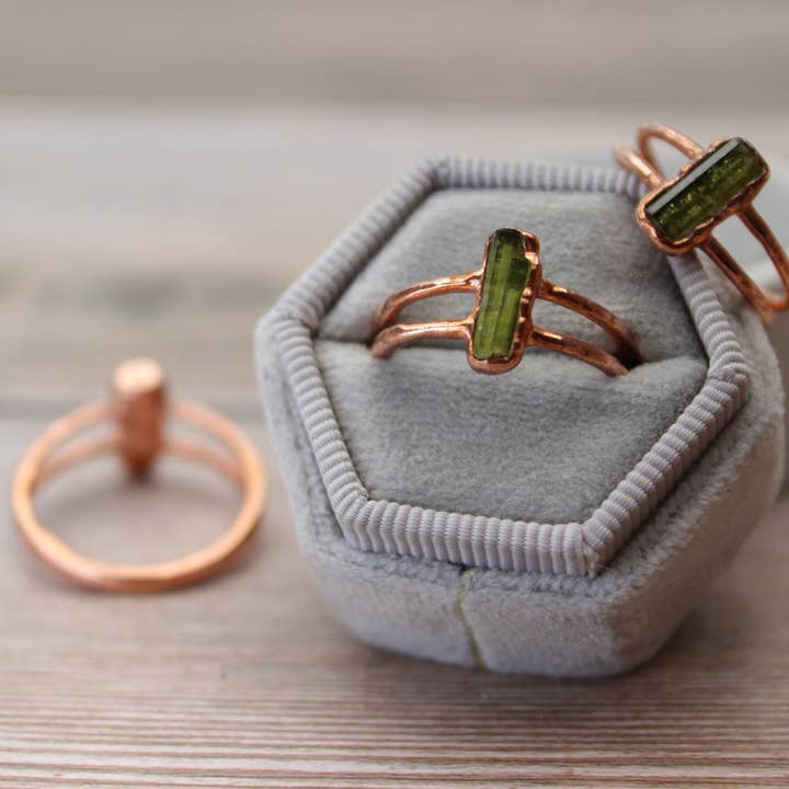 Green Tourmaline Crystal Copper Ring- Handmade Jewelry for wholesale by Meraki Rame