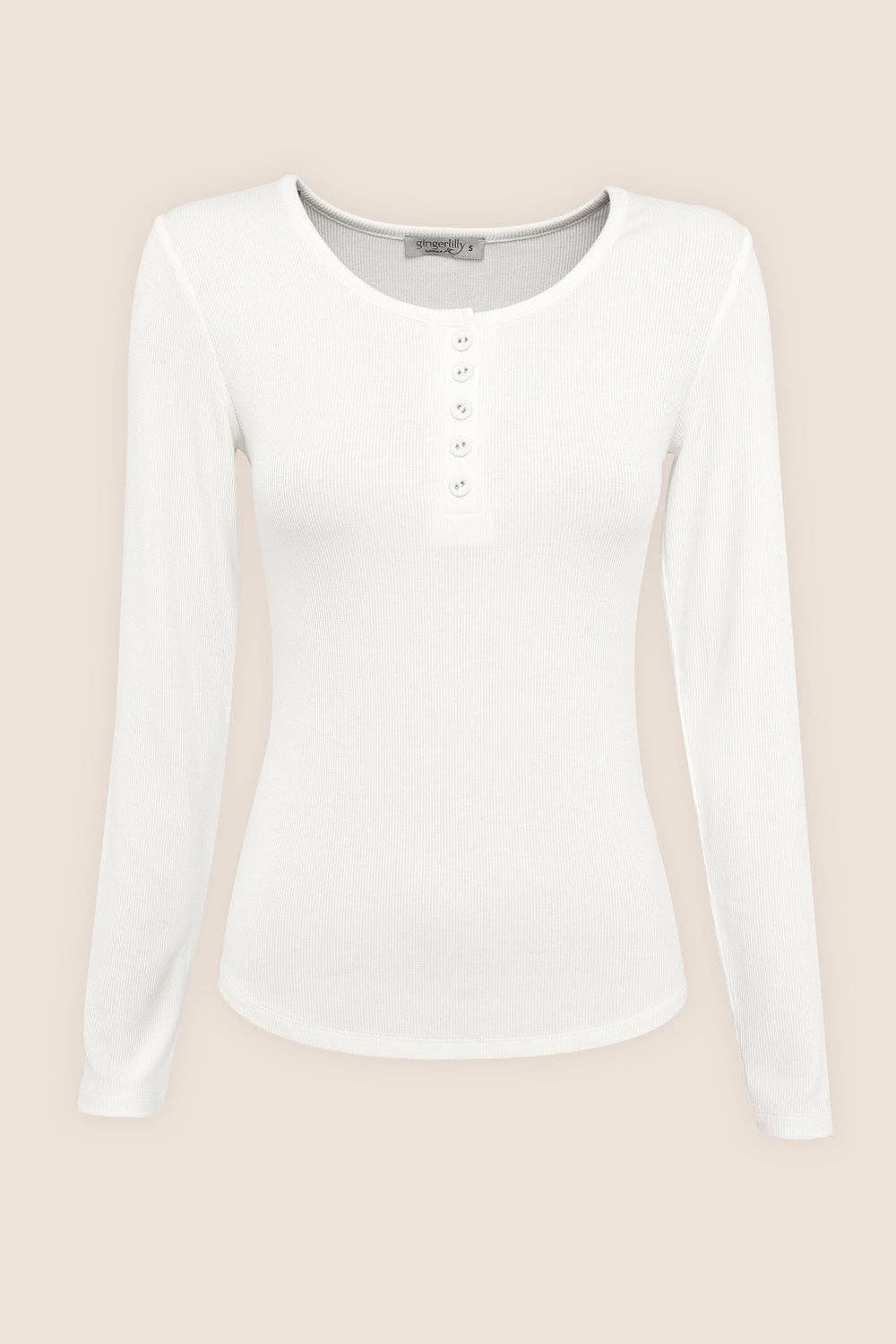 Henley Long Sleeve Ribbed Top - Lille White for wholesale on Faire1