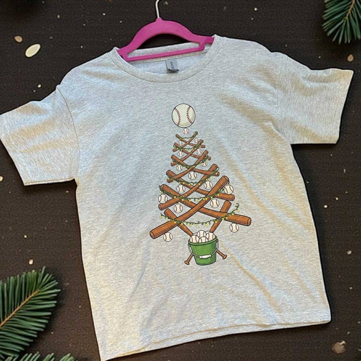 Kids Youth Baseball Christmas Tree T-Shirt for wholesale by Lasting Impressions CT
