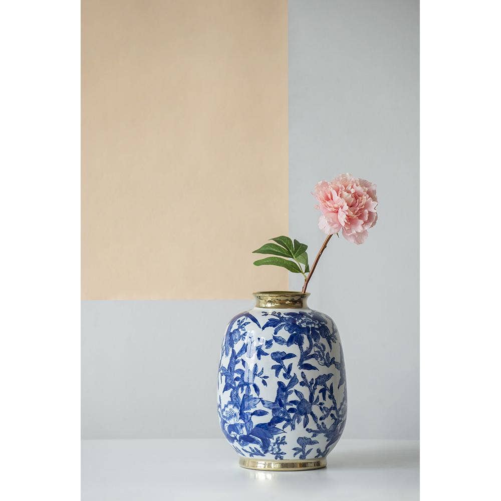 A&B Home Group Inc. - Wholesale Vase - D7.5x10.5" Blue & White Chinoiserie Vase w/ Gold Accents0