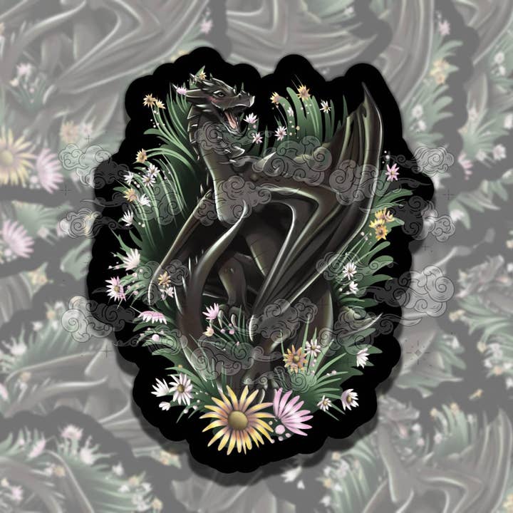 Autocollant en vinyle "Rouleau de fleurs sauvages du dragon noir" pour la vente par Sticky Sadness Designs