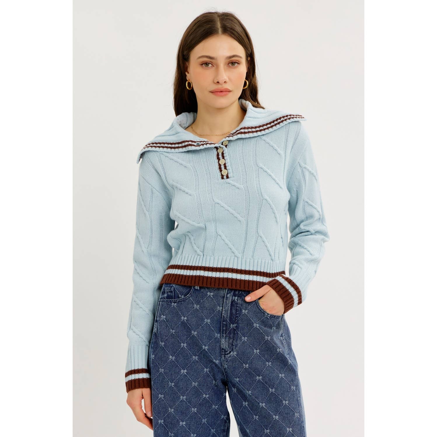 idem ditto - Wholesale Knit Sweater - Women's - PREPPY NOSTALGIA STRIPED COLLAR CABLE KNIT SWEATER3