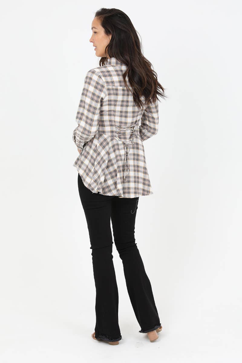 Nostalgia - Wholesale Button Down Shirt - Women's - N2C84-SC36 PLAID HI LO HEM LACE UP BACK BUTTON FRONT SHIRT3
