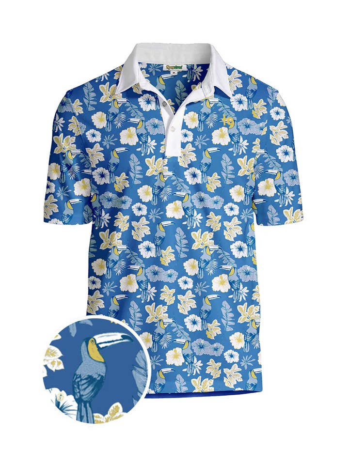 Tipsy Elves - Wholesale Polo - Men's - Blue Botanics Men's Golf Shirt - Tropical Floral Golf Polo