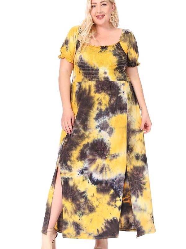Vestido maxi fruncido con hombros descubiertos y efecto tie dye Plus para venta al por mayor de VIBE Apparel Co