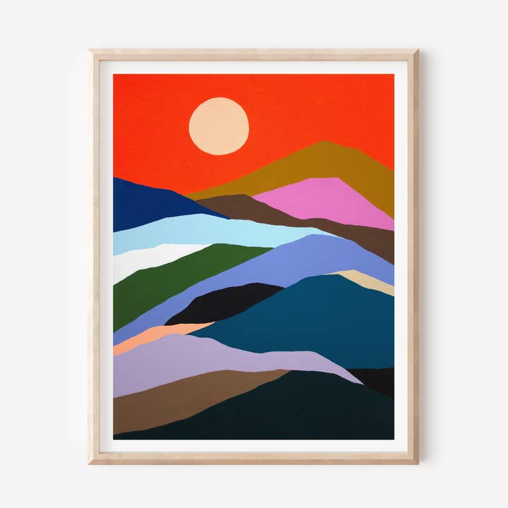 Vibrant Layered Mountains Print for wholesale by OkayWoods Studio