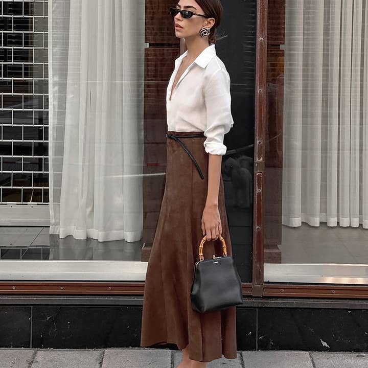 Marayn - Wholesale Skirt - Women's - Vintage Brown Knit Midi Skirt Chic Fall Style4