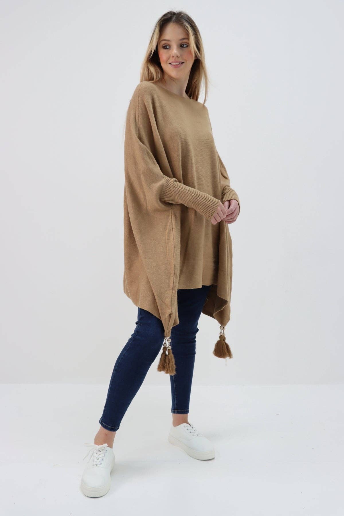 Miss Bold - Wholesale Poncho - Women's - Italian Plain Batwing Sleeves Tassels Tunic Poncho7