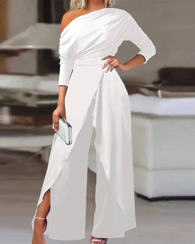 Queen Fashion - Wholesale Jumpsuit - Women's - ruched cold shoulder split hem wide leg jumpsuit1