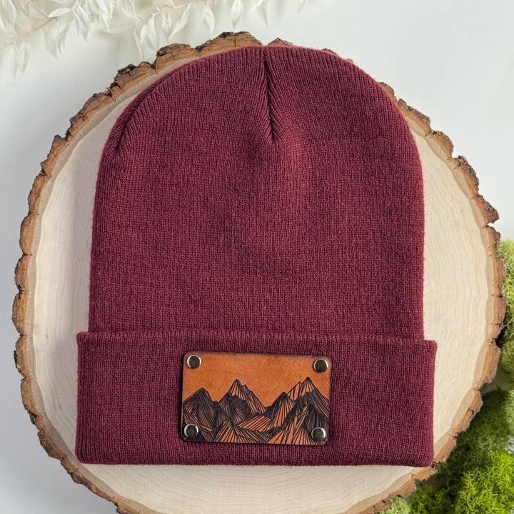 Mountain Peaks beanie with snap on/off leather patch for wholesale by The Lonely Pine