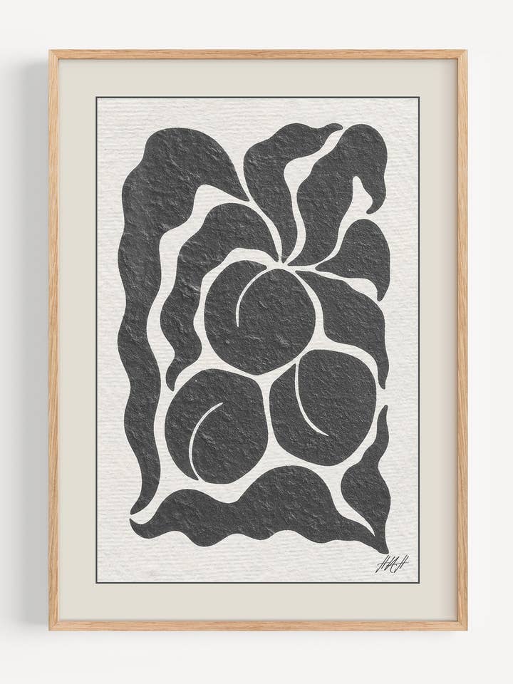 Impression d'art botanique graphique, Nature morte de pêche en noir et crème I147-69 pour la vente par Peardrop Prints