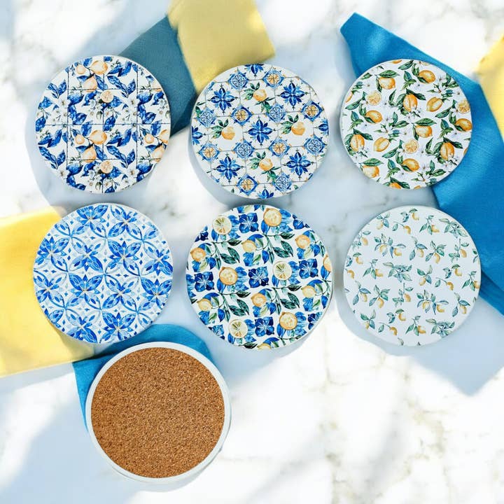 Gia Roma - Wholesale Coasters - Mediterranean Lemon Coasters | Coastal Blue & Yellow Accents