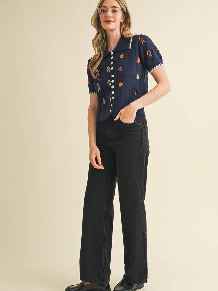 &MERCI - Wholesale Knit Sweater - Women's - HAND EMBROIDERED SHORT SLV BUTTON DOWN SWEATER MSW1095331