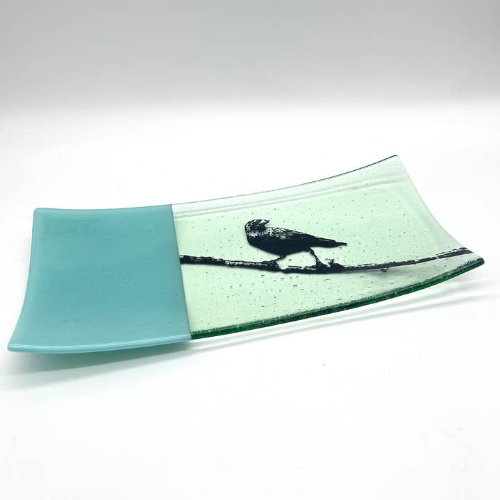 Birds | Crow 15" Long Fused Glass Serving Platter for wholesale by Kiku Handmade | Contemporary Fused Glass Home Goods
