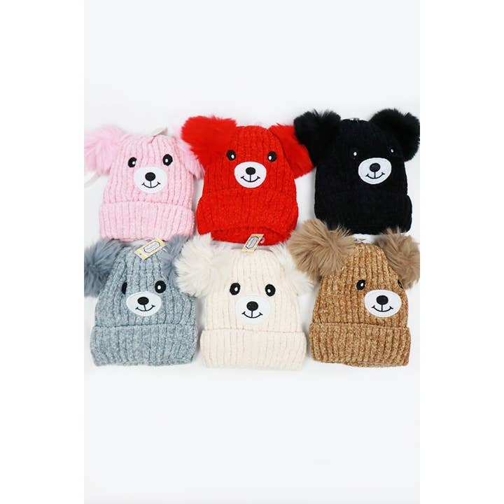 MIX COLOR Kids Bear Pom Pom Knit Beanie for wholesale on Faire