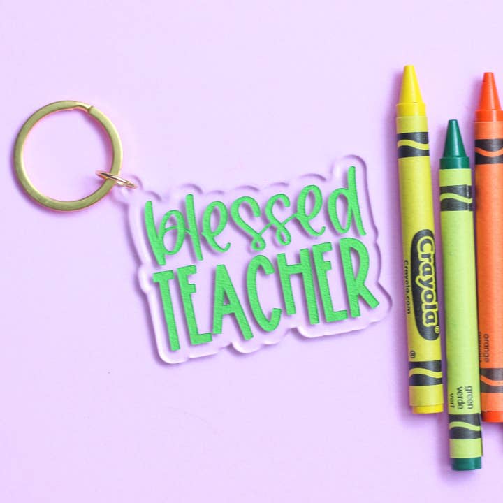 Blessed Teacher Acrylic Keychain in Lime Green for wholesale by Joy Made Collective