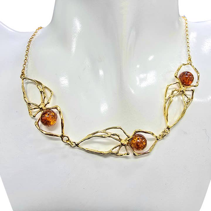 Collier araignée en argent sterling plaqué or avec ambre cognac pour la vente par Amberman
