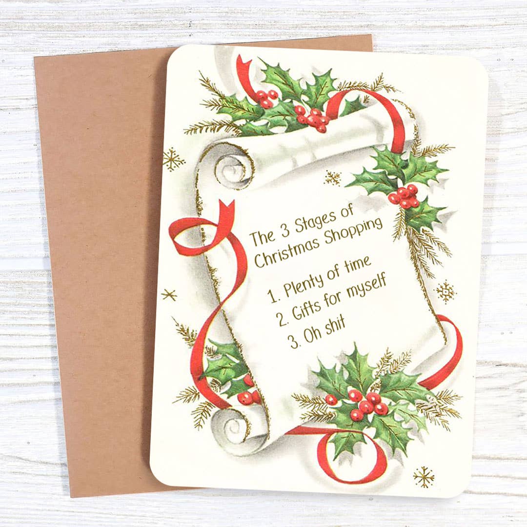 Bad Betty Greeting Co. - Wholesale Christmas Card - The 3 Stages of Christmas Shopping - Funny Holiday Card1