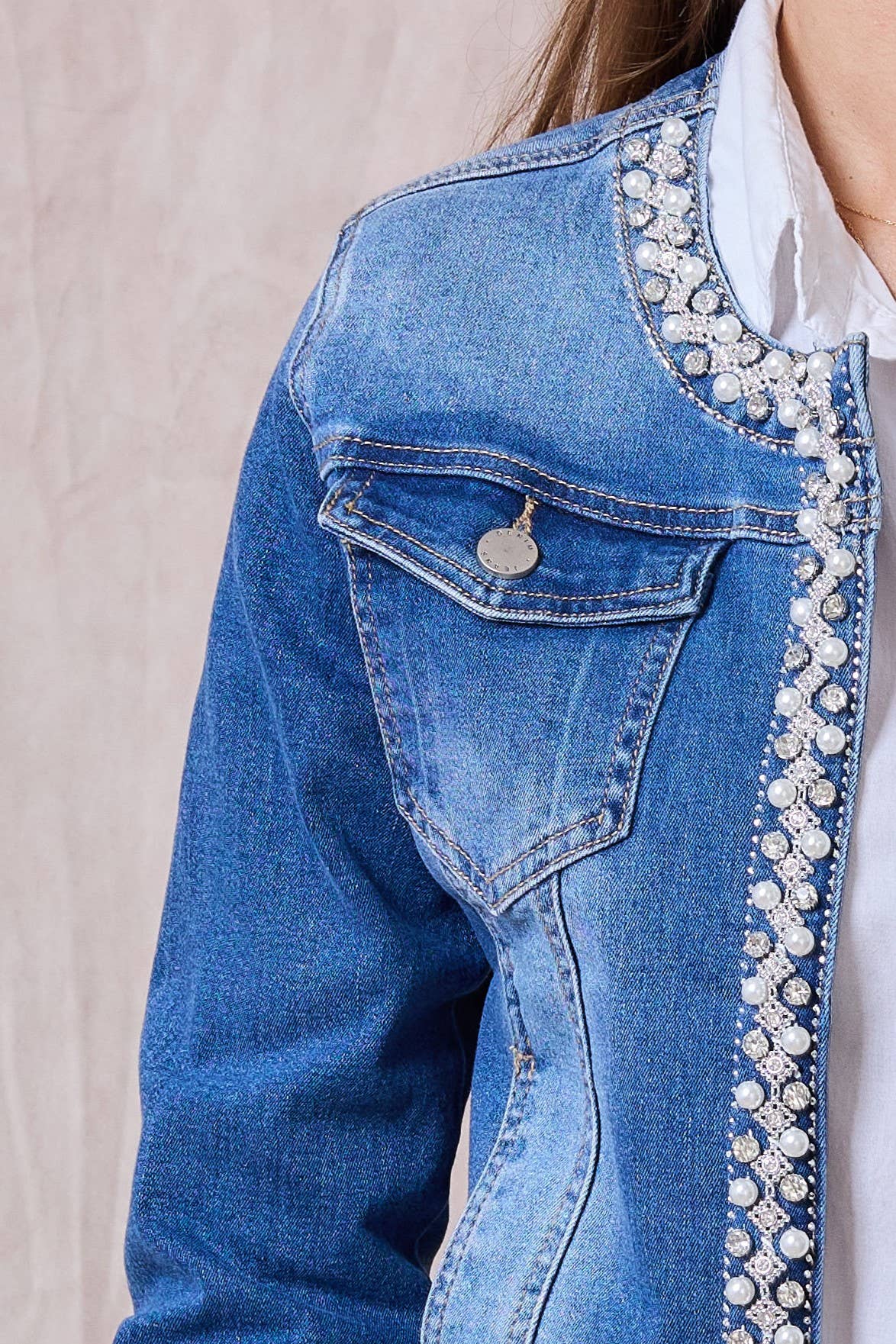 Jeans Denim jacket (Pearl and Rhinestone) - ANA & LUCY for wholesale on Faire1