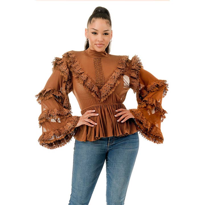 DORCAS - Wholesale Blouse - Women's - Plus Size Long Sleeve Ruffle Lace Blouse Top6