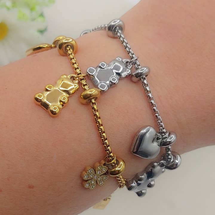 Daemon srls - Wholesale Charm/Dangle Bracelet - TEDDY CLOVER - Bracciale con orsetti, quadrifoglio e cuori pendenti bombe' ACCIAIO INOSSIDABILE3