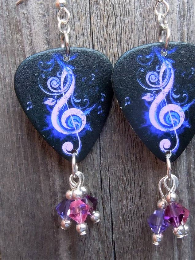 Purple Treble Clef Guitar Pick Earrings w Swarovski Crystals for wholesale by Simply Raevyn