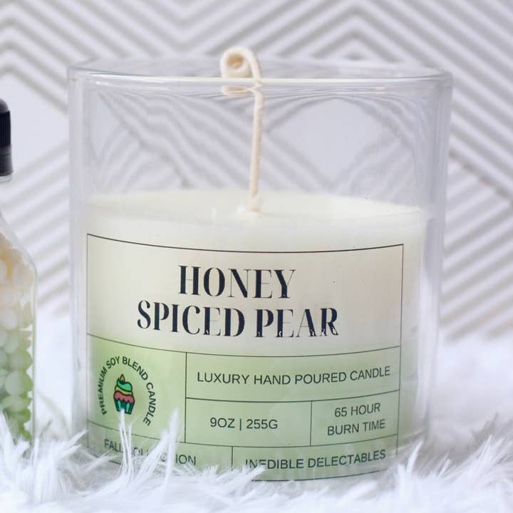 Bougie parfumée au mélange de soja de qualité supérieure au miel et aux poires pour la vente par Inedible Delectables LLC