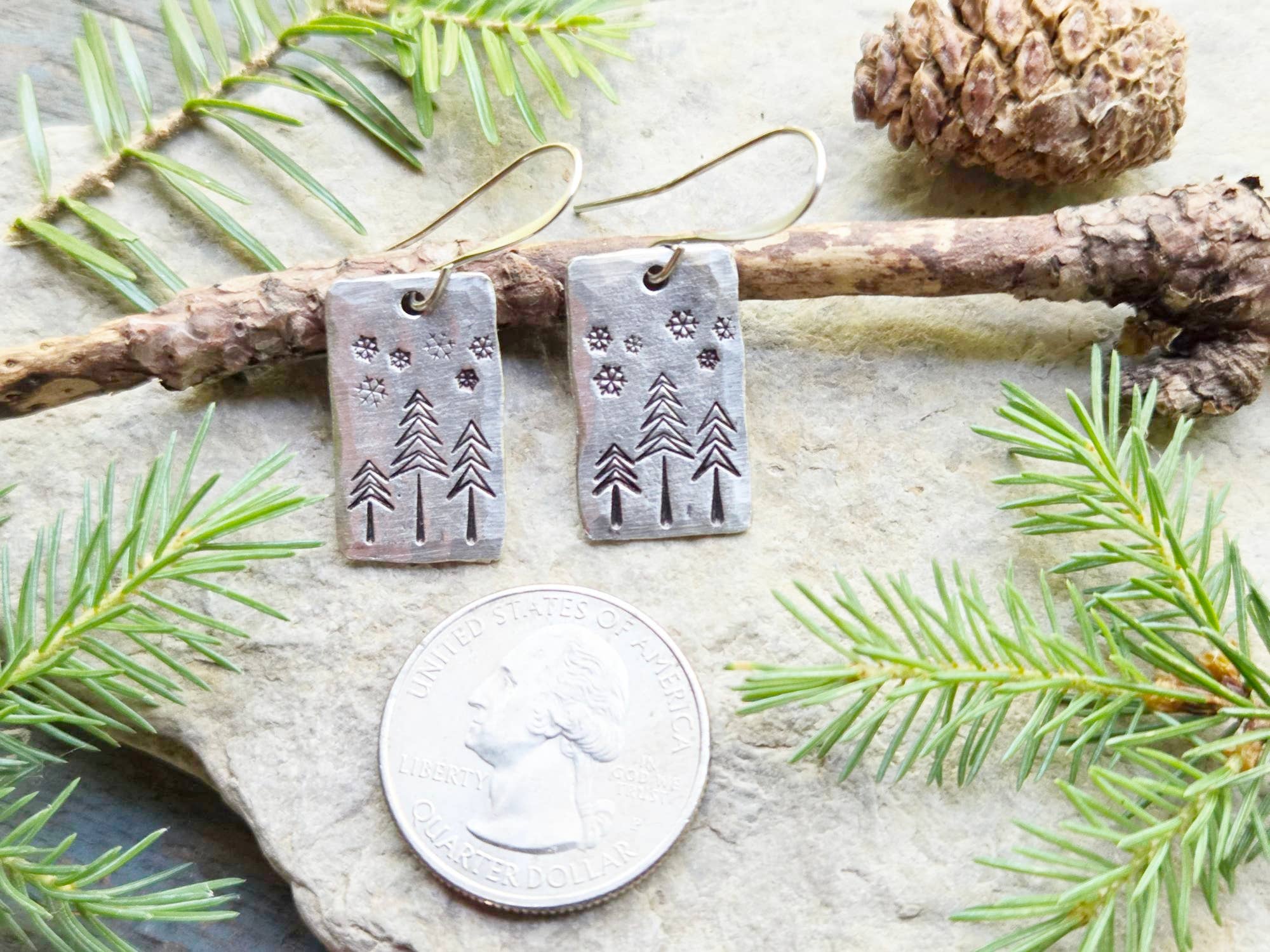 Kathryn's Collection - Wholesale Dangle Earrings - Winter Pine Tree Earrings, Christmas, Hand-Stamped Pewter7