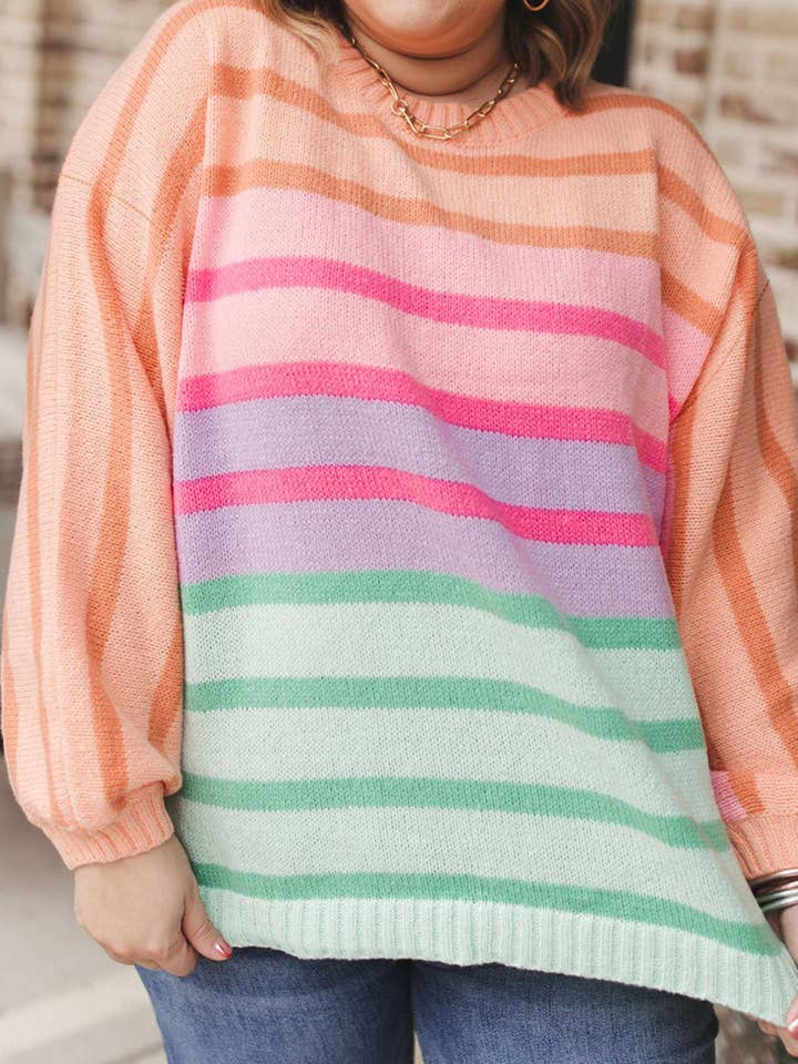 Roze gestreepte trui met ballonmouwen en ronde hals en kleurvlakken in grote maten voor wholesale door Kristine Leah