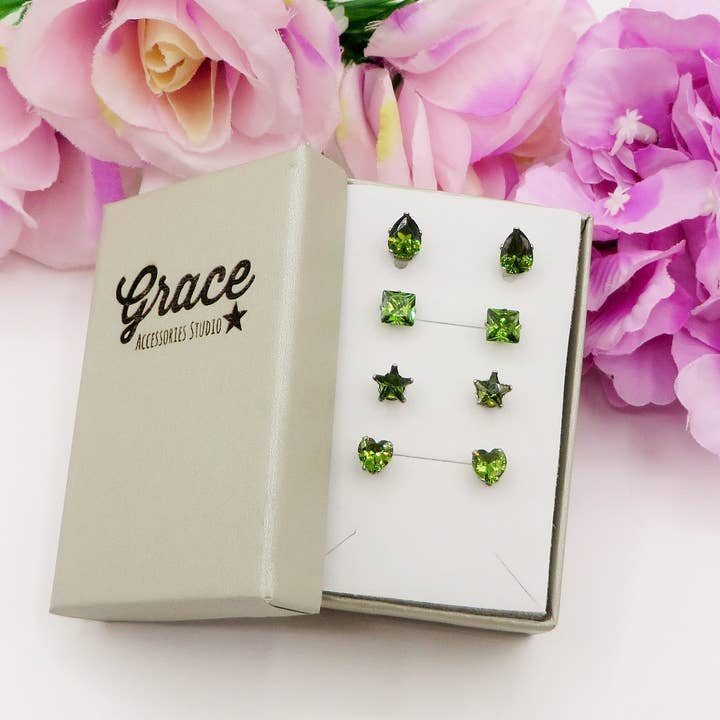 Daemon srls - Wholesale Jewelry Set - SET 4 PAIA PUNTI LUCE SHINE colours ~ 4 forme punti luce acciaio inossidabile ~ 8 PZ ~ 12 varianti colore ~ Orecchini a lobo con zirconi9