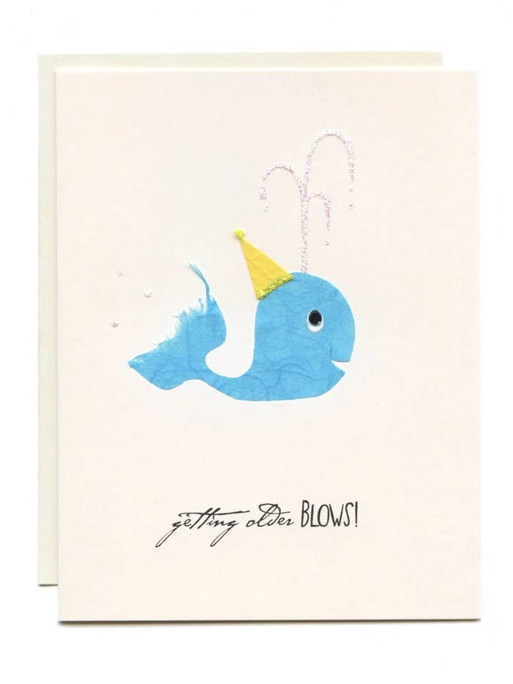 « Obtenir des coups plus âgés » Baleine avec chapeau de fête pour la vente par FLAUNT HANDMADE CORRESPONDENCES