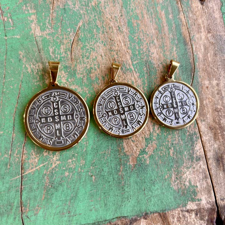 St Benedict Two Tone Stainless Steel Medallions for wholesale by Love and Honor Jesus LLC