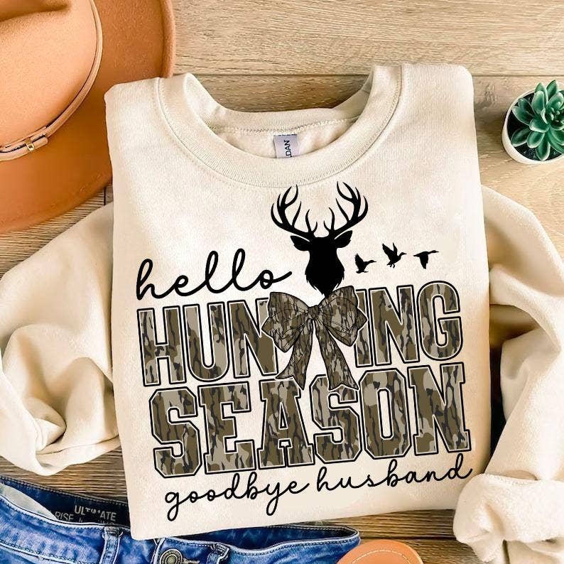NVC Ecommerce LLC - Wholesale T-Shirt (Graphic) - Women's - Hello Hunting Season Goodbye Husband Shirt, Bow Sweatshirt2