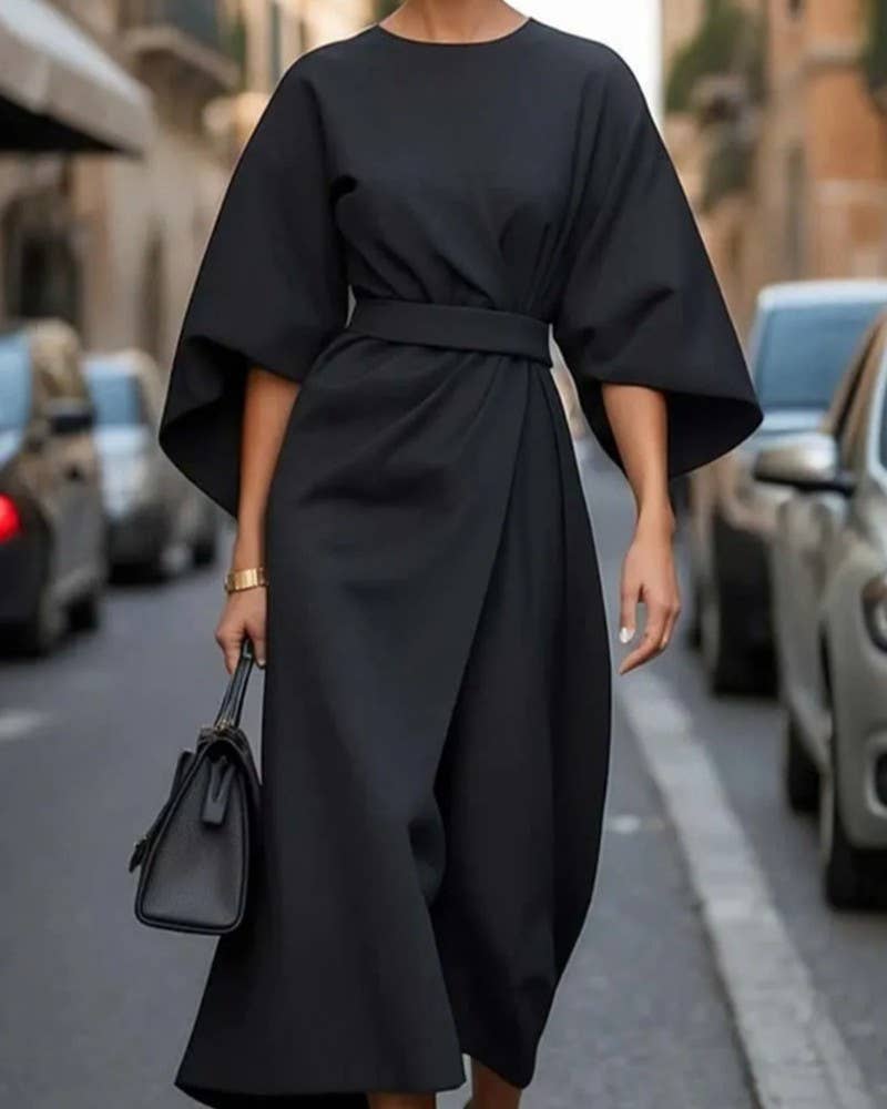 Rosa Clothing - Wholesale Dress - Women's - Fashionable Solid Color Cinched Waist Dolman Sleeve Dress6