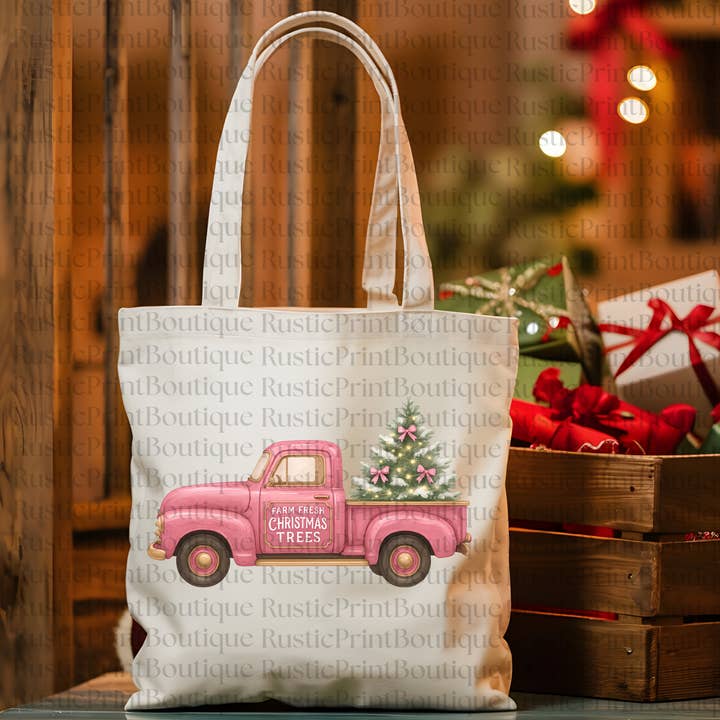 Sac fourre-tout de Noël vintage rose de Noël pour la vente par RusticPrintStudio