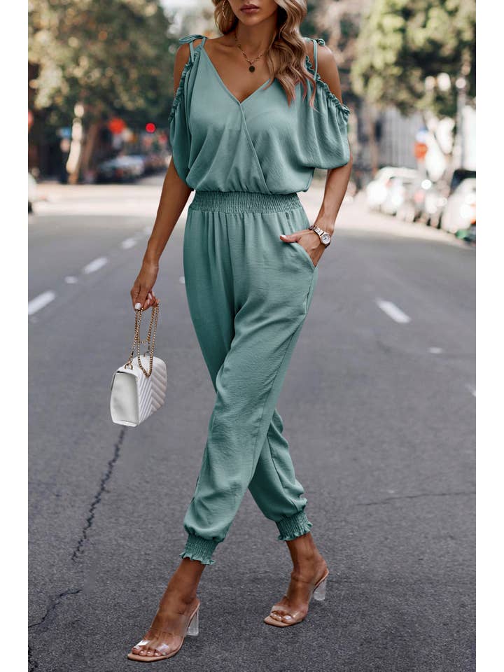 eLook – Großhandel Jumpsuit – Damen – SZ1-J9004 Schulterfreier Wickeloverall mit gesmokter Schulterpartie59