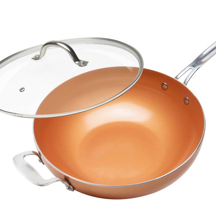 WOK DU CHEF ET COUVERCLE EN VERRE, REVÊTEMENT ANTIADHÉSIF EN CÉRAMIQUE COULEUR CUIVRE, 12 » pour la vente par Masterpan Inc.