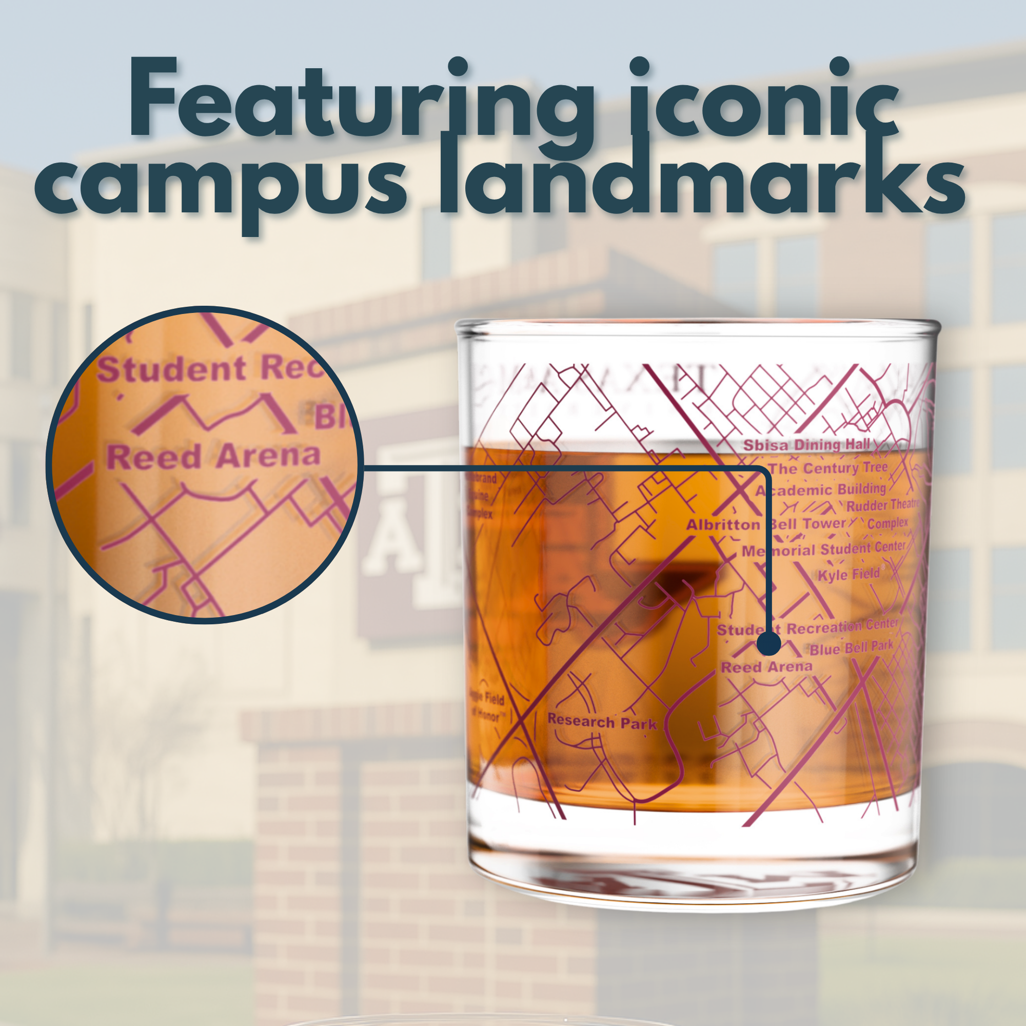 Greenline Goods - Wholesale Cocktail/Liquor Glass - University of Texas A&M Aggies College Whiskey Glasses (Set of 2), 10 oz – Full-Color Logo + Campus Map2