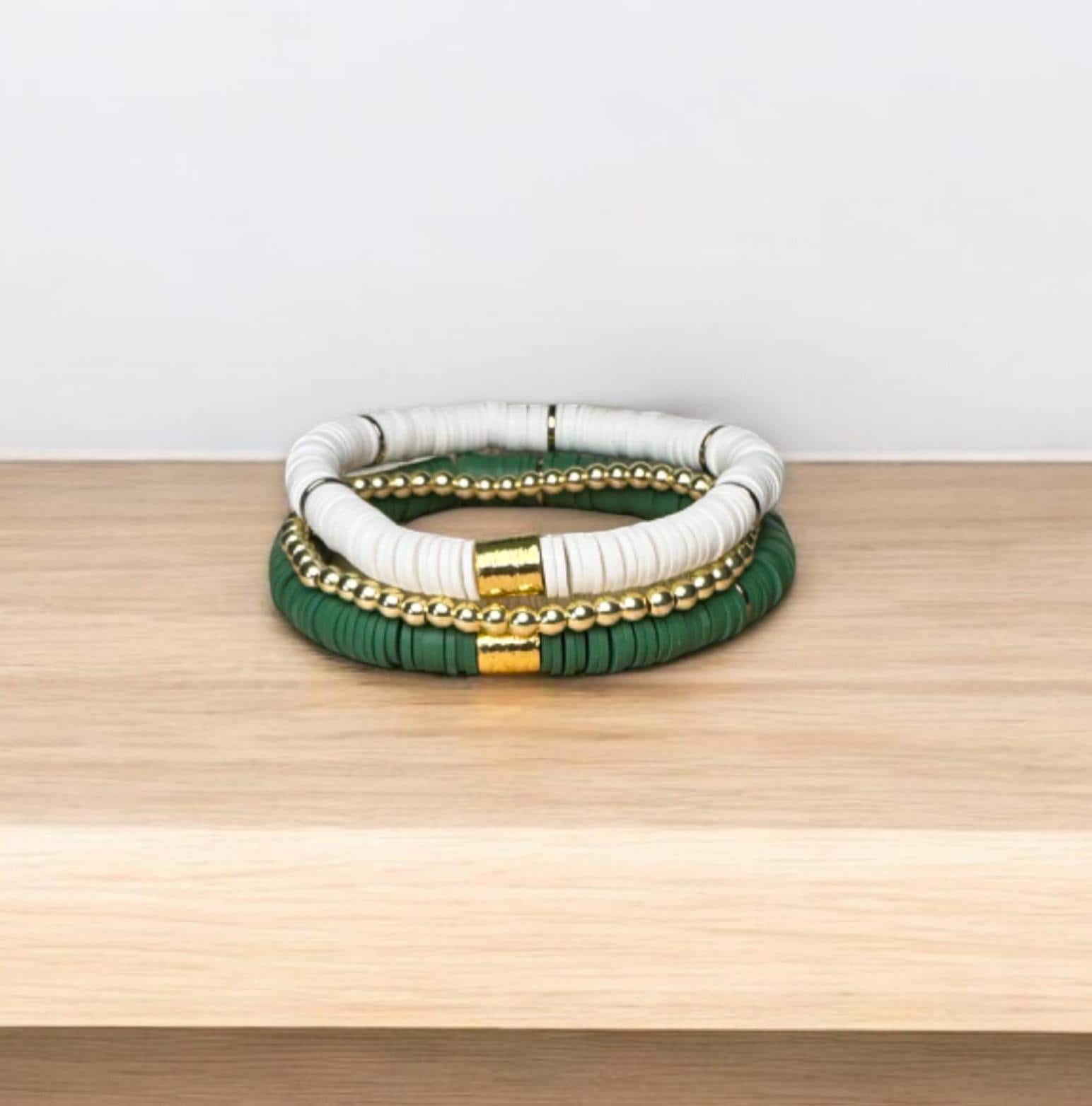 Fish Towne Designs, LLC - Wholesale Jewelry Set - Green and White Game Day Bracelet Stack1