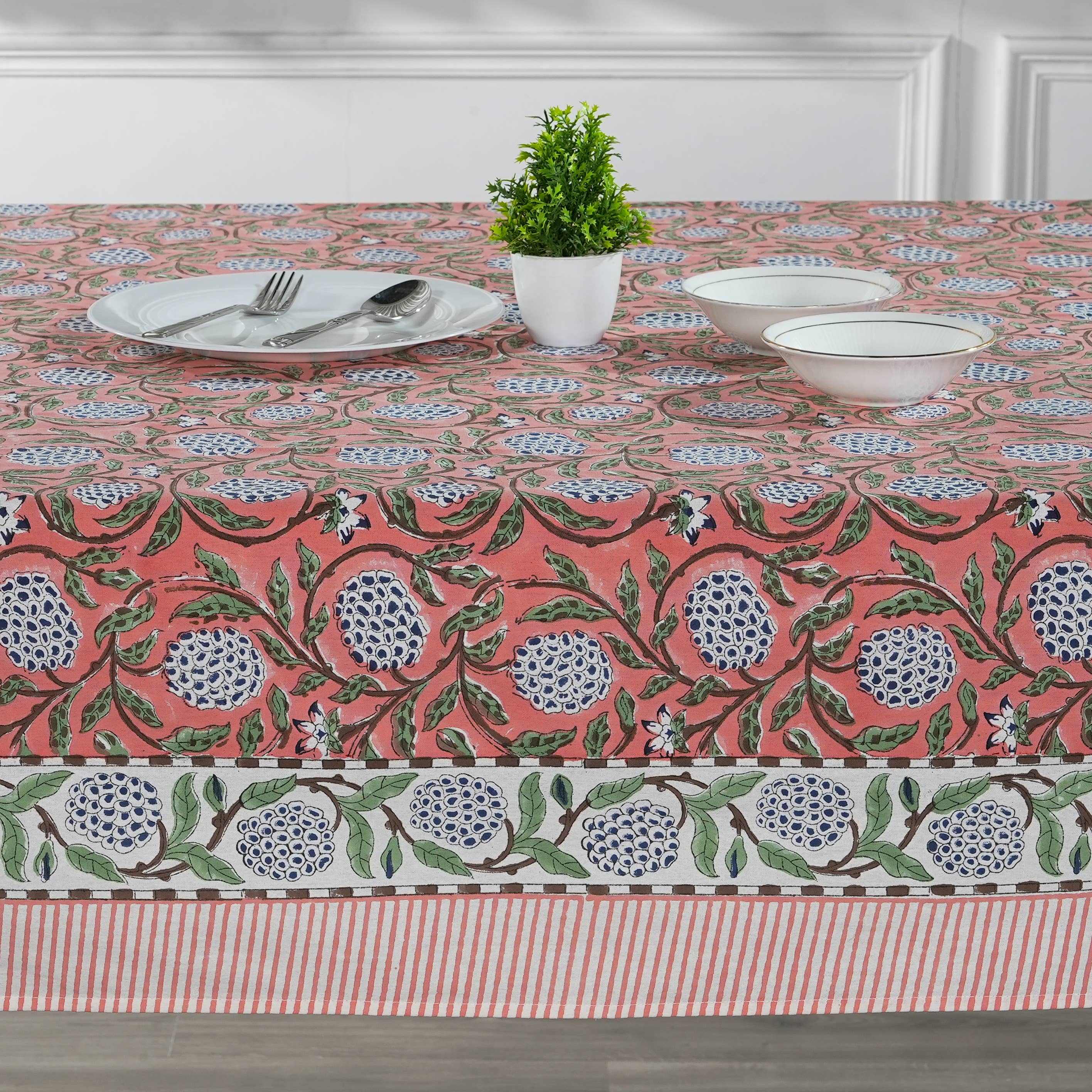 Fabricrush - Wholesale Tablecloth - New Dark Salmon Pink Hand Block Print Cotton Tablecloth3