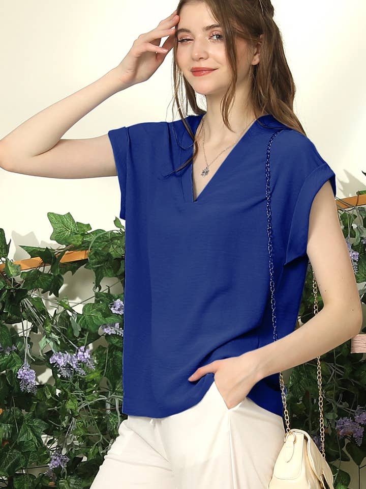NINEXIS - Wholesale Blouse - Women's - CWTBLS190_V-NECK TRIM ROLLED SHORT SLEEVE SHIRTS BLOUSE TOP11