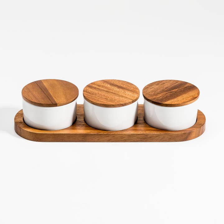 Kalmar Home - Wholesale Condiment/Dip Bowl - Ceramic Condiment Set on Acacia Wood Base2