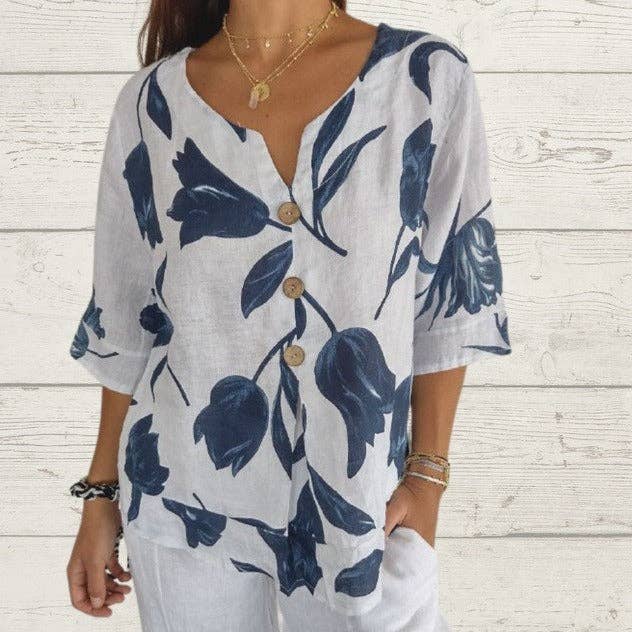 pinkblu02 - Wholesale Blouse - Women's - Casual Floral Printed Cotton Linen Women Blouse