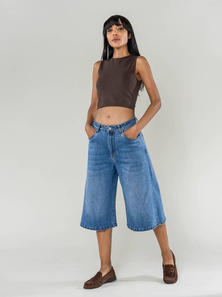 Nina Carter long jorts in stretch flared denim P620 for wholesale by Nina Carter